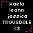 Pixelated text and symbols arranged in a on black background with pink star accents, showing repeated names and emoticons