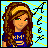 Pixel art icon of a cartoon woman with long brown hair wearing a blue shirt, set against a light blue background with yellow and black pixelated patterns.