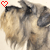 A pixelated dog with light brown and gray fur, black ears, a red heart symbol above its head, and a white background.