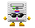 Pixelated character with gray striped body, yellow limbs, black sunglasses, and pink chest accent; head displays green and red elements.