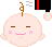Pixelated character with light pink skin, brown eyes, and pink cheeks in nine positions, some with black-and-red hats, varying hair and mouth expressions