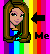 Pixelated cartoon woman with long brown hair and blue dress appears in three showing text changes: 'Me', 'My 3 fav', and 'animals:' against rainbow striped background