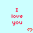 Red pixelated text "I love you" and small red heart symbols on a light blue background with gray lower-right corner.