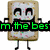 Pixelated character resembling a frosted pastry with arms and legs, displaying multiple text overlays in green and red.