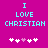 Pixelated cyan text "I LOVE CHRISTIAN" on magenta background with five white and one pink heart symbols below.