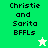 Pixelated text 'Christie and Sarita BFFLs' on green, light green, white backgrounds with star icons.