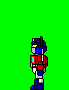 Pixelated character in red and blue armor walks across green background with gray vertical stripes, showing multiple walking poses.