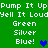 Green background with white pixelated text repeating 'Pump It Up Yell It Loud' and color names, featuring blue heart symbols in two positions.