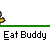 Pixel art animation of a yellow-shirted figure eating a green alligator on a gray background with repeated 'Eat Buddy' text.