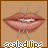 Pixelated lips with metallic pins piercing through them, set against a solid brown background with pixelated text below.