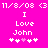 Pixelated text on bright pink background with two identical side-by-side layouts showing 'I Love John' and five heart symbols, one of which is light purple.