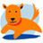 Pixelated orange dog with red collar stands against light blue background, dark brown eyes and nose, tail raised.