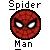 Pixelated red circular icon with black outline, white eyes, and black eyebrows, flanked by 'Spider' above and 'Man' below in pixelated text.