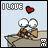Animated contact sheet of a pixel art character with white eyes and brown body sitting at a desk, displaying sequential text changes from 'I LOVE' to 'LAUGH' above a red heart symbol.