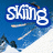 A skier in mid-air against a blue sky and snowy mountains, with text overlays changing across frames.