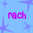 Pixelated blue background with purple starbursts and repeated pink text 'rach' in three positions.
