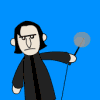 Animated sequence of a character in black robes holding a wand, with bubbles and green particles appearing around the wand against a blue background.