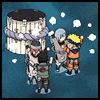 Six- animation shows three anime characters interacting near a large barrel with white and purple stripes against a blue background with white snow-like dots