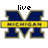 Animated icon featuring a large blue 'M' with yellow outline and horizontal banner reading 'MICHIGAN', changing text above from 'live' to 'eat' then 'football'.