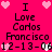 Pixelated pink background with black text reading "I Love Carlos Francisco 12-13-06" and heart symbols in white and pink.