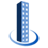 A vertical blue building with white square windows and a dark blue side, encircled by a blue curved line on a gray background.