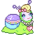 Pixel art character with blonde hair, pink bow, and green body holding a purple-and-blue cake-like object on gray background.