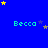 Blue background with repeated 'Becca' text in cyan, scattered yellow and purple stars.