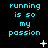Cyan pixelated text 'running is so my passion' repeated across a black background with scattered white star-like shapes.