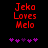 Red pixelated text "Jeko Loves Melo" on black background with purple heart symbols below, showing heart position changes