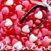 A static image of a red background filled with pink and white heart shapes, with a metallic scoop holding more hearts and the word 'Valentine' in white script at the bottom.