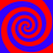 Four red and blue spiral patterns arranged in a on a solid background, each spiral rotating clockwise with alternating color bands