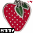 Pixelated strawberry icon with green leaves and white seeds, two pink hearts above it, 'EMMY' text below.