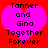 Two identical pixelated heart-shaped icons with text on a red background, each displaying 'Tanner and Gina Together Forever' in black block letters.