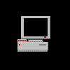 Pixel art of a retro computer monitor with blue eyes and teeth, showing animation changes including text display, green slime effects, and screen rotation.