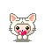 Pixel art character in white cat costume with pink inner ears, holding red heart, surrounded by floating red hearts in four variations.