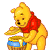 Yellow bear in red shirt holds blue basket with pink flowers, lifting lid to reveal contents, with blue flower graphic above head in some frames.