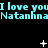 Cyan text repeats 'I love you' and 'Natanhna' on black background with white star-like symbols; animation cycles through star variations.