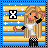 Pixel art of a blonde girl in a white shirt and checkered pants against a striped blue-yellow background with white stars, featuring a changing X symbol.