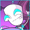 Animated cartoon character with white head, cyan eyes, and stitched mouth holding a small pink object against purple background.