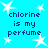 Blue background with white star shapes and repeated text 'chlorine is my perfume' in dark blue pixelated font.
