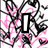 Pixelated text "I Love you" with pink heart and abstract black-and-pink shapes on white background.