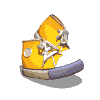 Yellow high-top sneakers with white laces and blue soles shift through multiple angles against a gray background.