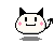 Pixelated white creature with black cat ears, pink cheeks, and a curved tail; four variations show different expressions including closed eyes with a star.