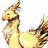 Pixelated cartoon-style creature with light yellow body, brown accents on head and tail, small black eye, orange beak-like mouth, standing upright against white background.