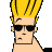 Pixelated cartoon character with spiky yellow hair, black sunglasses, and a neutral expression on a gray background.