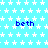 Light blue background with white star pattern and repeated blue text 'beth' in pixelated font.