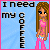 Pixel art buddy icon featuring a cartoon woman in pink clothing with text reading "I need my coffee" on a light blue background bordered by pink.