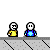 Pixel art animation of two characters on a gray platform, one yellow-shirted character interacting with a blue-shirted character who falls and is revived with red particle effects.