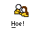 Pixelated cartoon character with brown hair and yellow clothing holding a magnifying glass, displaying 'Hoe!' text below.