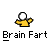 A 4x4 contact sheet of a pixel art animation featuring a yellow stick figure with pink hair and white head, performing various actions across 16 frames including static poses, green circular motion effects, and mouth movements, all labeled "Brain Fart" below each frame.